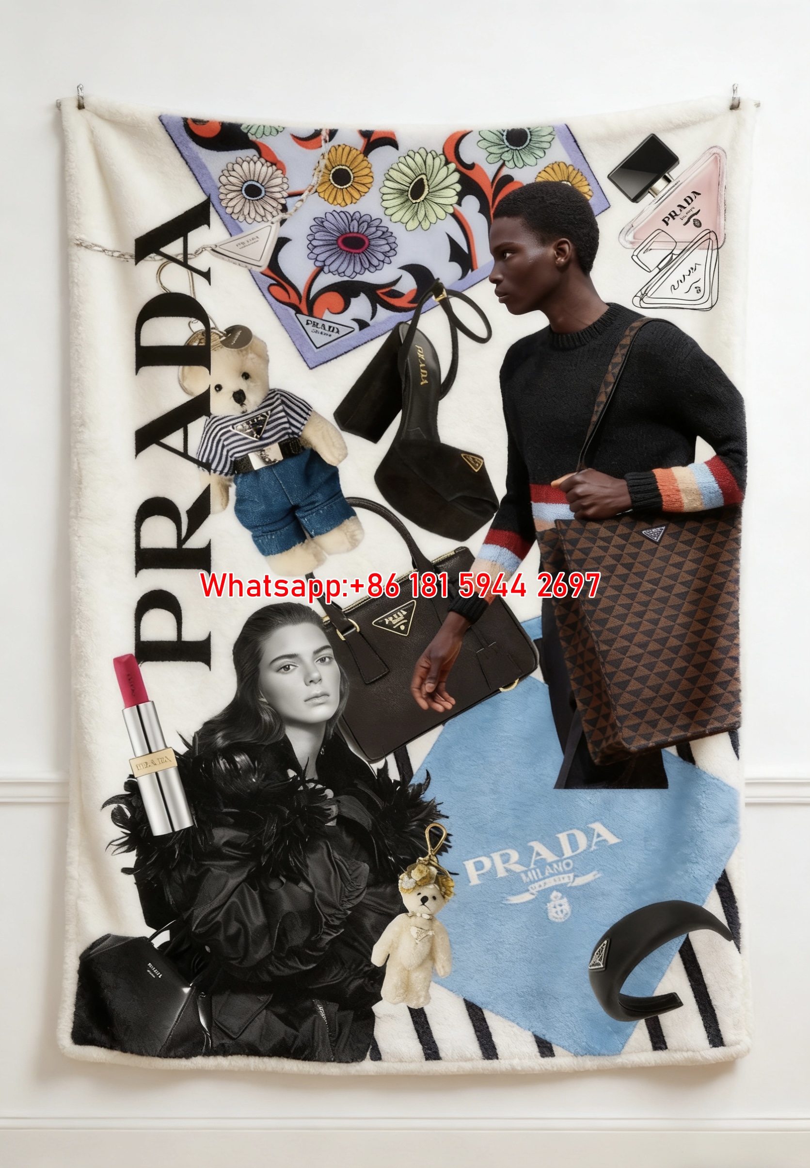 Prada Vibrant Multicolor Collage Print Flannel Throw Blanket Luxury Designer Sofa Cover Blanket IMG_2841